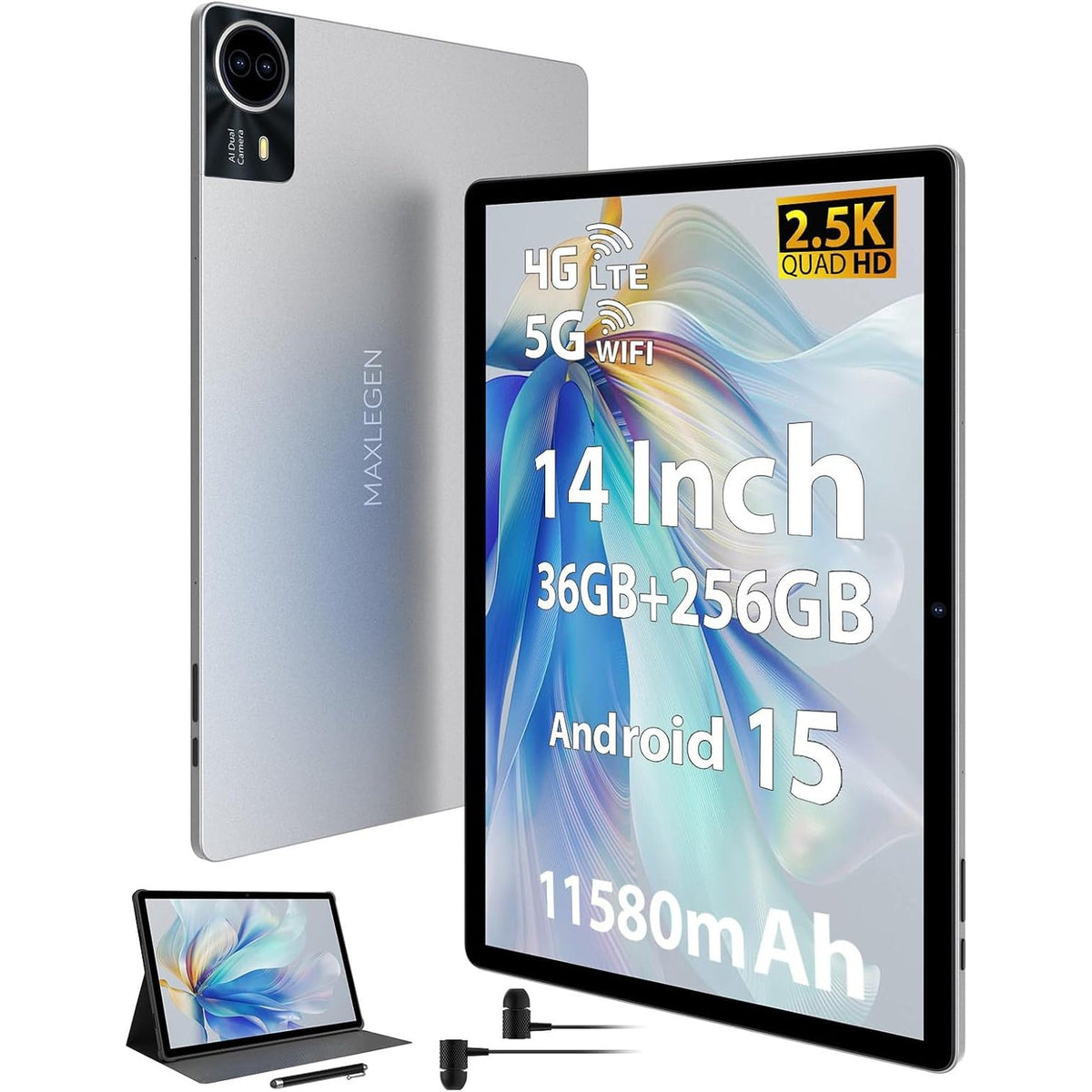 295195 -Tablet MAXLEGEN 14" (2.5K) – Android 15, 36 GB RAM (12+24) / 512 GB ROM, Octa-Core, 4G LTE Dual-SIM / 5G Wi-Fi, Bateri 11580 mAh