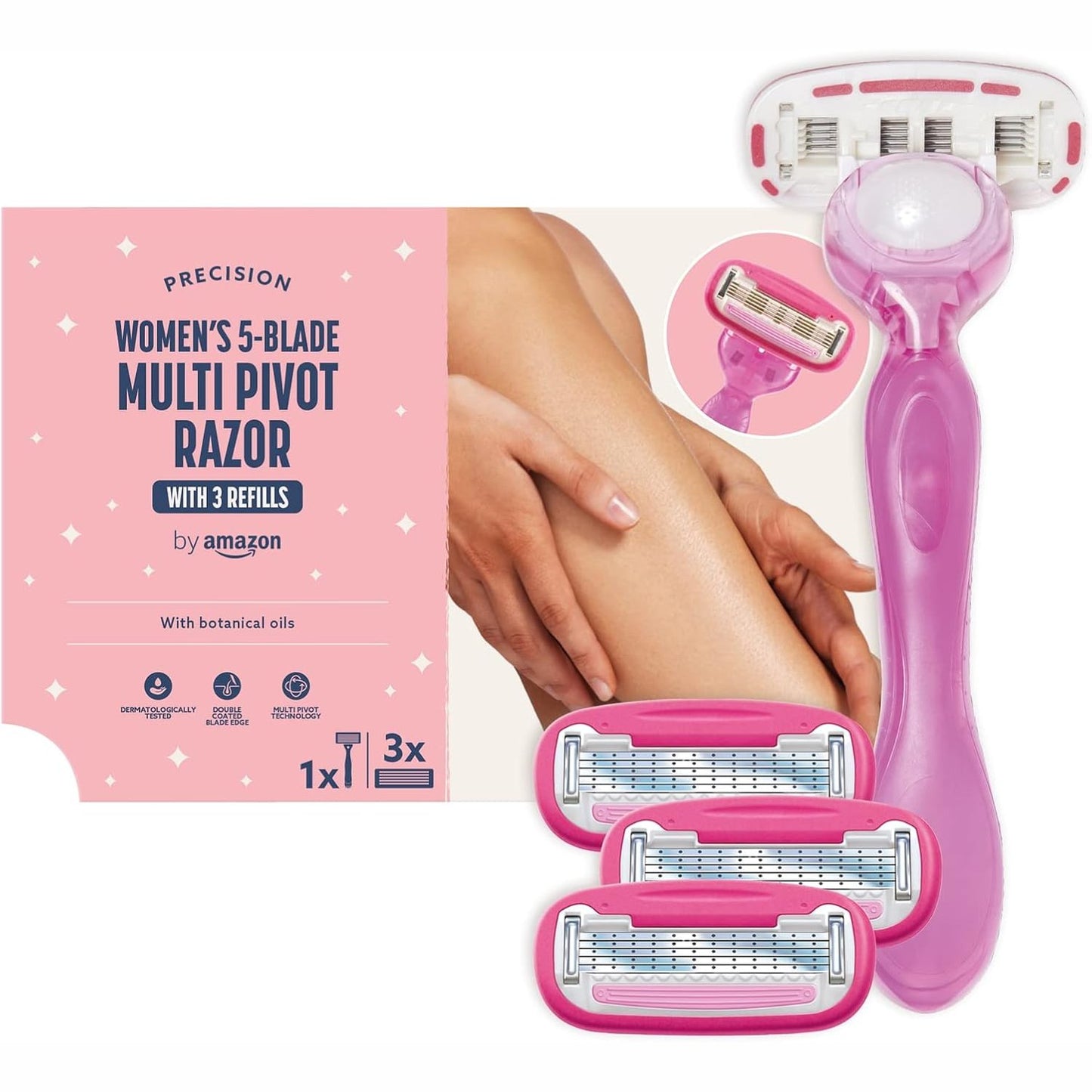 275855 - AMAZON Brisk për gra, me 5 tehe, dorezë rrotulluese shumëaksore, 3 pako mbushëse, rozë