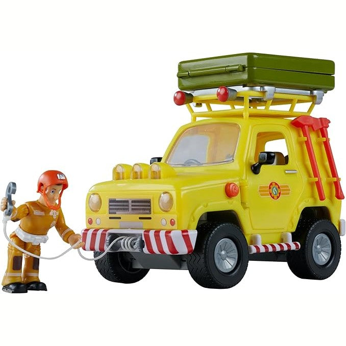 141800 - Simba Fireman Sam – automjet terreni me tendë në çati, i palosshëm, me figurën e Sam-it, i lehtë, me çikrik (winch) dhe aksesorë, 6.3 inç, për fëmijë nga 3 vjeç.