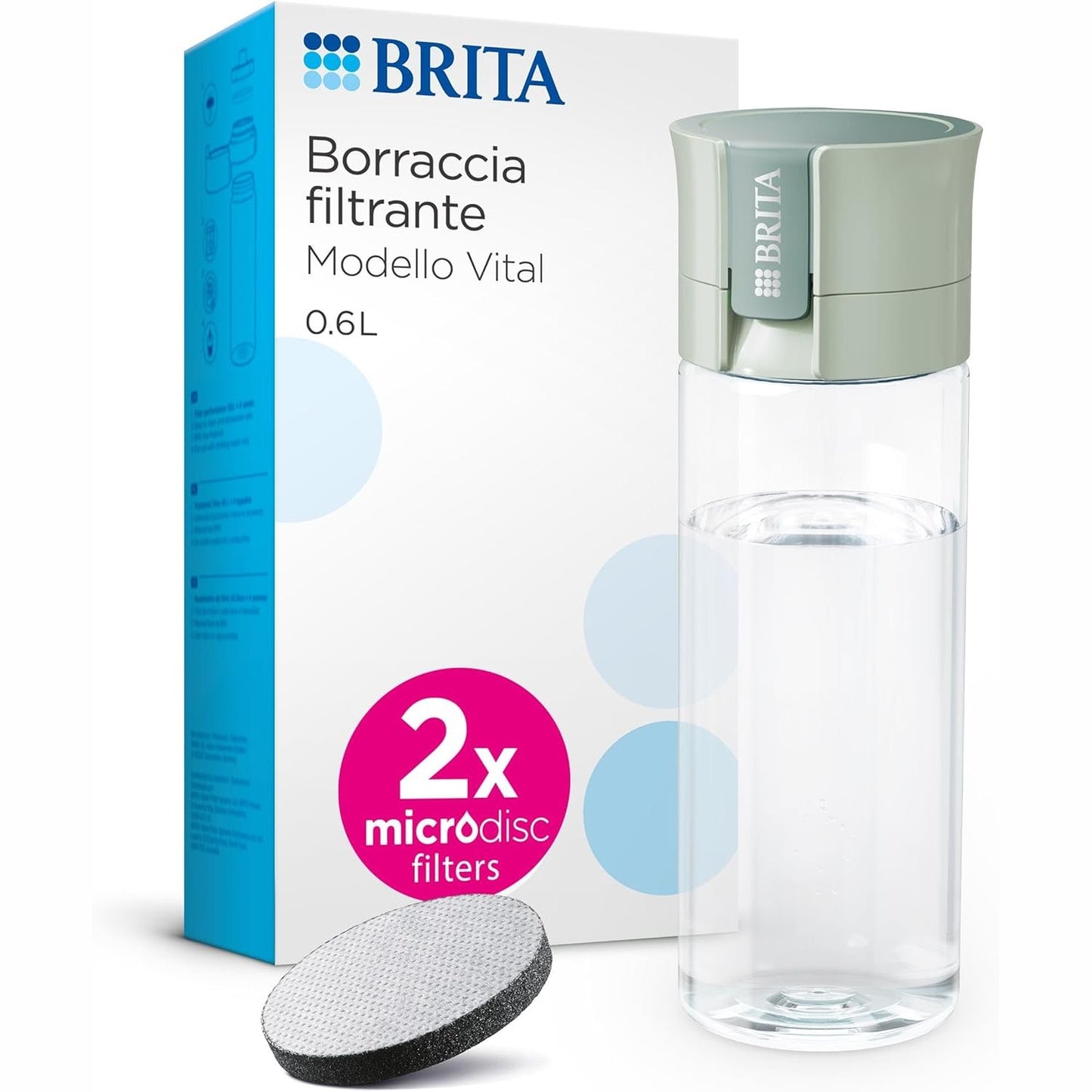 210090 - BRITA - Shishja e Ujit me Filtër Vital, Ngjyrë e Gjelbër e Çelët, Vëllim 0.6L, Zvogëlon Klorinë, Grimcat e Imëta ≥ 15 µm, Pesticidet, Herbicidet dhe Hormonet, Ruajtësit e Mineraleve si Kalciumi dhe Magnezi