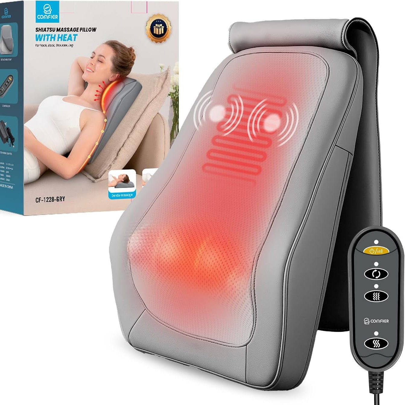 315504 - COMFIER Masazhues Shiatsu, Masazhues Qafe me Nxehtësi, Masazhues Shpine Shiatsu 4D, lehtësim i dhimbjeve muskulare, gri