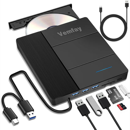 266576 - Vemfay Njësi e jashtme CD-sh USB 3.0 Type-C, DJegës DVD +/-RW, Lexues Kartash SD/TF, Luajtës për Win11/10/8/7/XP, Linux, Mac OS, Vista