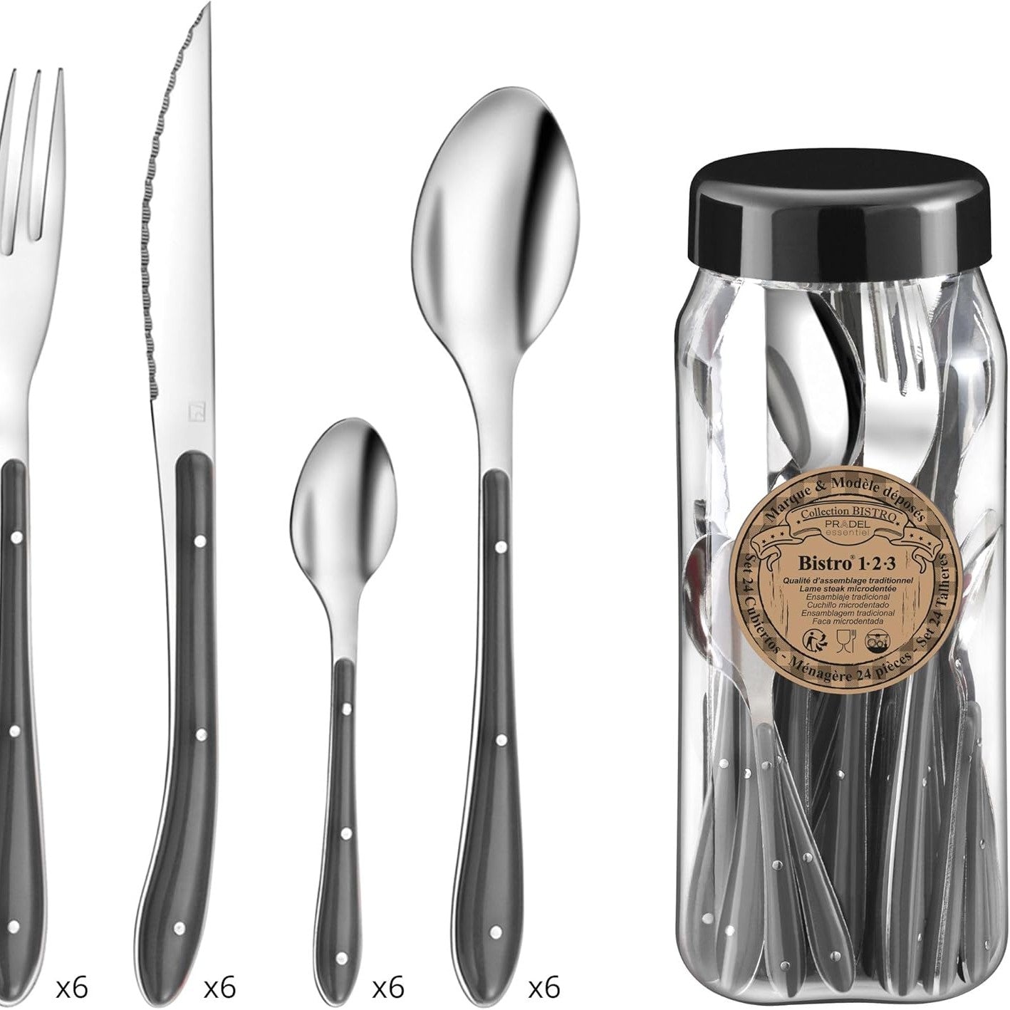 214241 - PRADEL ESSENTIEL Set me 24 sende për servis, çelik inox 18/0, ngjyrë gri antracit