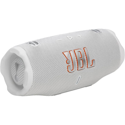 267579 - JBL Charge 6 - Altoparlant portativ Bluetooth, jetëgjatësi baterie 28 orë, IP68 rezistent ndaj ujit, pluhurit dhe goditjeve, JBL Pro Sound me AI Sound Boost, shumëaltoparlant Auracast, i bardhë