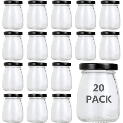 257134 - MUXHEL 20 copë kavanoza kosi 100ml me kapakë të zinj, kavanoza të vegjël qelqi, shishe qelqi për puding të vogël kosi