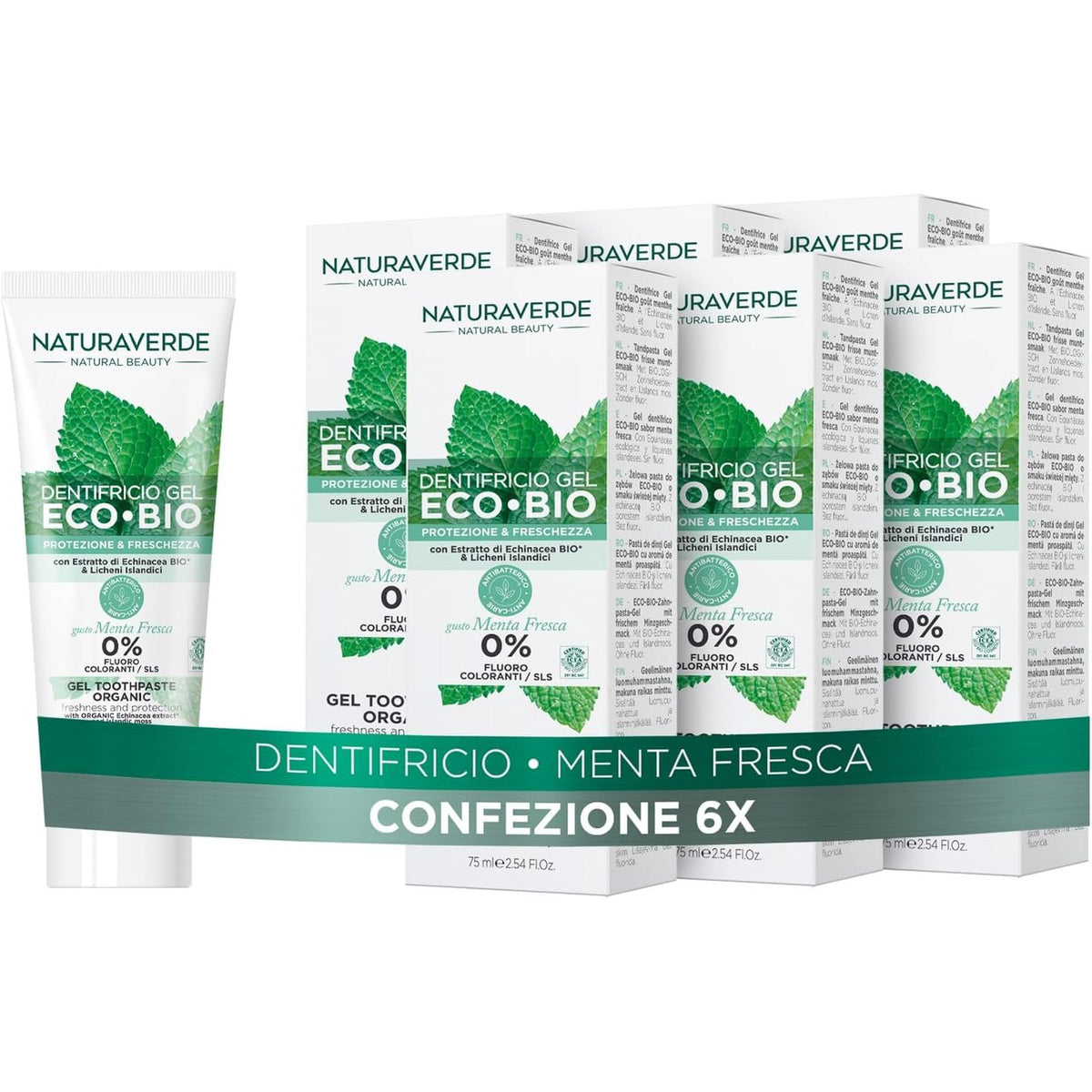 308465 - NATURAVERDE BIO - ECO BIO Pastë dhëmbësh për mbrojtje dhe freski, me ekstrakt Ekinacea dhe myshk Islandez, 0% fluor, 75 ml