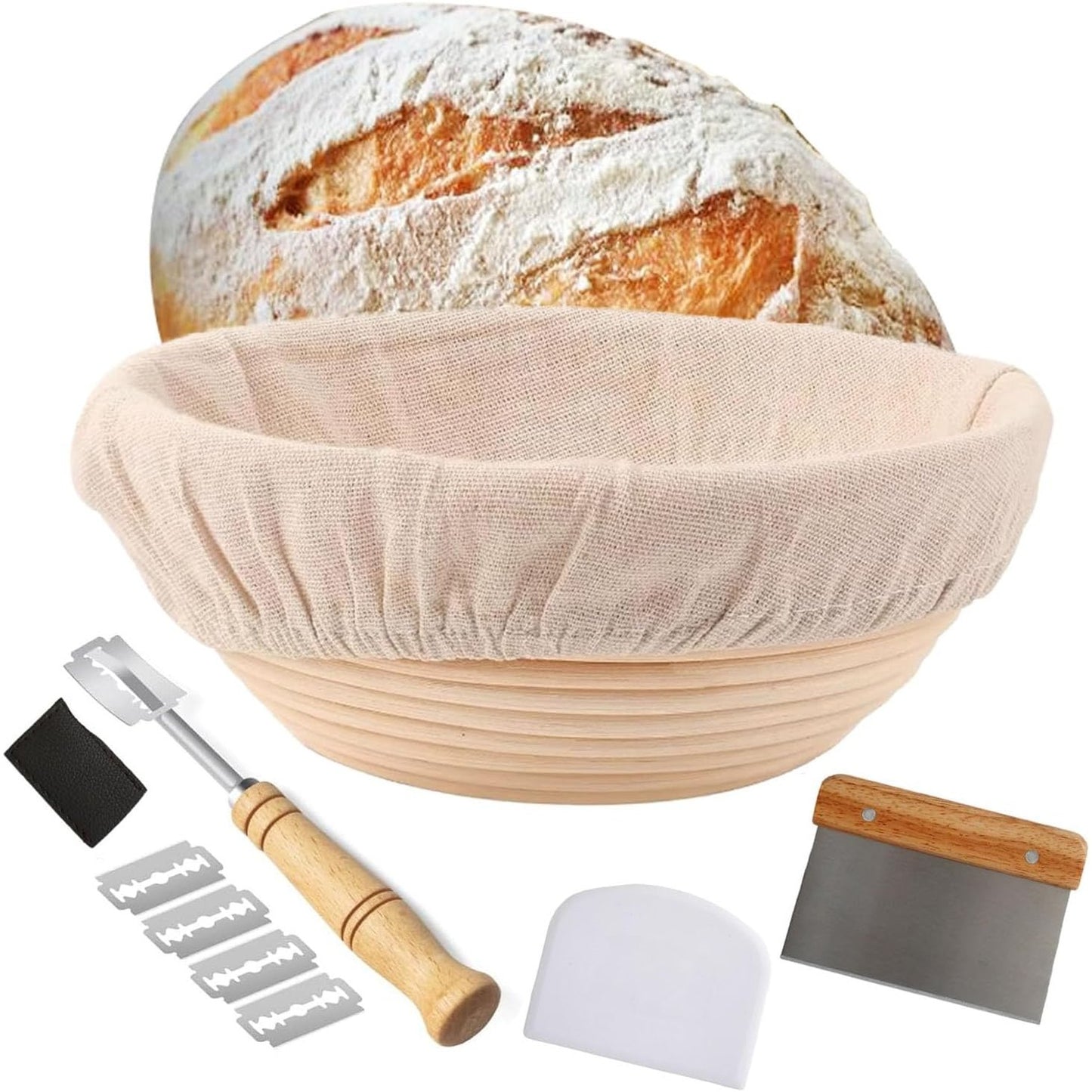 242257 - Kit fillestar për bukë me maja të tharta, Shportë për bukë të rrumbullakët 23 cm, Banneton i rrumbullakët me shtresë mbrojtëse dhe mjete për përgatitjen e bukës, aksesorë për përgatitjen e bukës prej ratani natyral