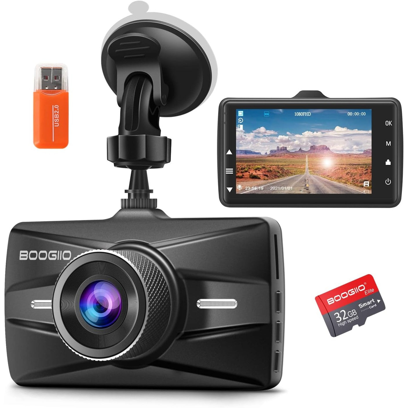 273202 - Kamera e përparme e makinës 1080P, ekran IPS 3 inç, kënd i gjerë 170°, me kartë SD 32GB, pamje nate, HDR, regjistrim në ciklin e parë, sensor G, monitor parkimi