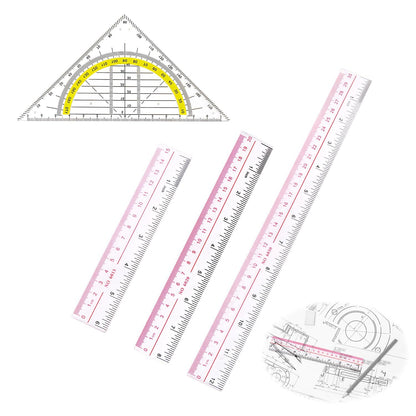 322769 - Set me 3 pjesë me katrorë dhe vizore, set gjeometrik prej plastike, vizore 15/20/30cm, set katror 14cm, transparent, fleksibël