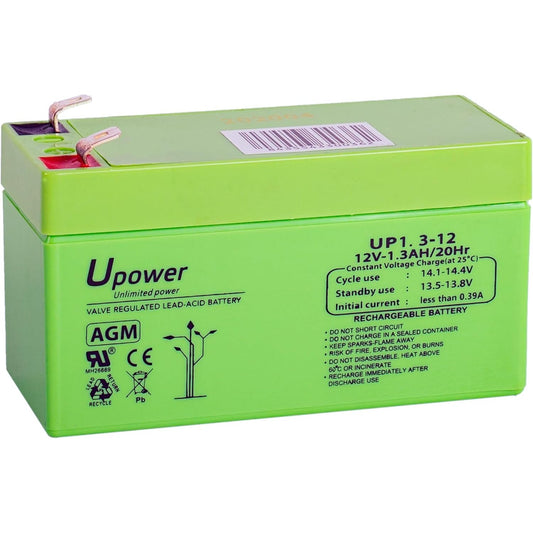 190350 - BATERI U-POWER AGM - Bateri plumb-acid VRLA e rikarikueshme 12V 1.3Ah – Për alarme, UPS, siguri, lodra elektrike dhe më shumë – Terminali Faston F1 (4.8 mm)