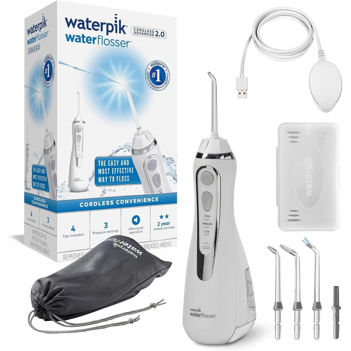 315289 - Advanced Pastrues Dentar pa Tel, Sfungjer Uji Portativ i Rikarikueshëm me Kabllo USB, heq Pllakën, 3 Nivele Presioni, E Bardhë (WP-580EU)