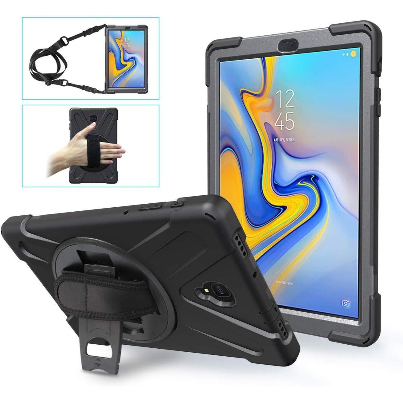 268780 - GERUTEK MBËSHTJELLËSE KUNDËR RËNIES PËR TABLETIN SAMSUNG GALAXY TAB A 10.5" (SM-T590/SM-T595), MBËSHTJELLËSE E FORTË ME MBËSHTETËSE RROTULLUESE, RRIP DORE/SUPI, REZISTENTE NDAJ GODITJEVE, E ZEZË