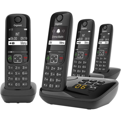 308634 - GIGASET AS690A QUATTRO, 4 Telefona DECT pa tel me sekretari telefoni, ekran kontrasti i lehtë për t’u lexuar, tingull audio i shkëlqyer, funksionim i lehtë, mbrojtje thirrjesh, ngjyra të zeza [Versioni Gjerman]