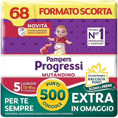 271174 - PAMPERS Mbathje Progressi Junior, Madhësia 5 (12-18 kg), 68 Pelena për Bebe, Barrierë Stop&Protect, Lëkurë delikate