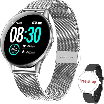 269294 - HopoFit Orë inteligjente për gra dhe burra, Gjurmues fitnesi me 9 mënyra sportive, Ekran me prekje 1.3", Monitor i rrahjeve të zemrës, Monitor i gjumit, Kronometër, Rezistent ndaj ujit, Pedometër, I pajtueshëm me Android dhe iOS (Argjend)