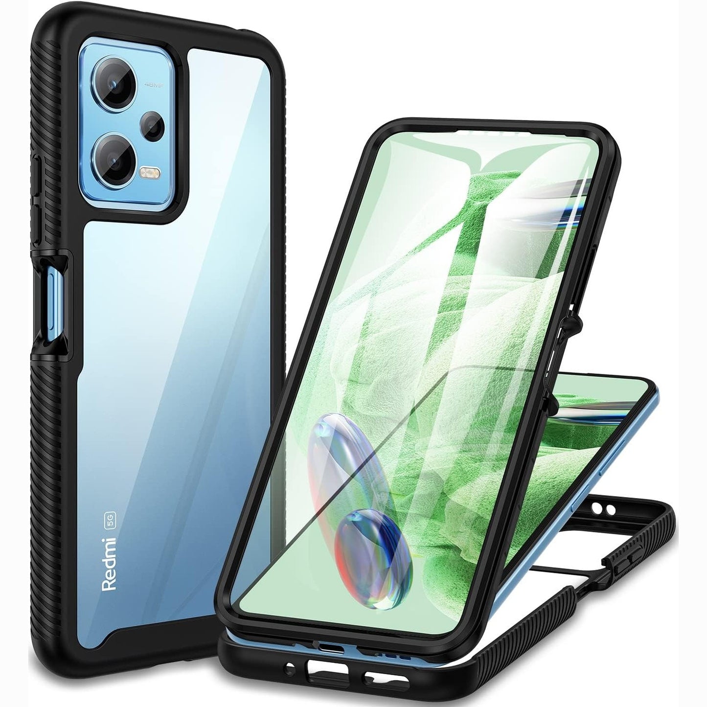 277042 - CENHUFO Mbrojtëse për Xiaomi Redmi Note 12 5G / Poco X5 5G, rezistente ndaj goditjeve, Mbrojtëse telefoni 360° nga të dyja anët, e zezë