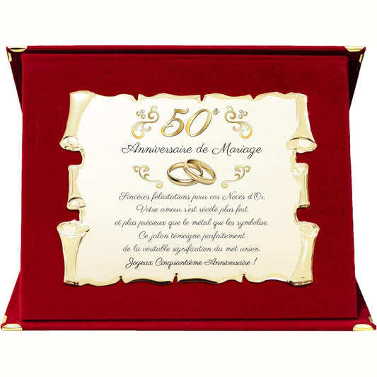 213819 - Pllakë Përkujtimore Elegante për 50-vjetorin e Martesës | Dhuratë për Pesëdhjetëvjetorin | Përvjetori i Artë i Martesës | Rrotull Metalik Dekorativ i Praruar me Dedikim (i Kuq, 50 Vjet)