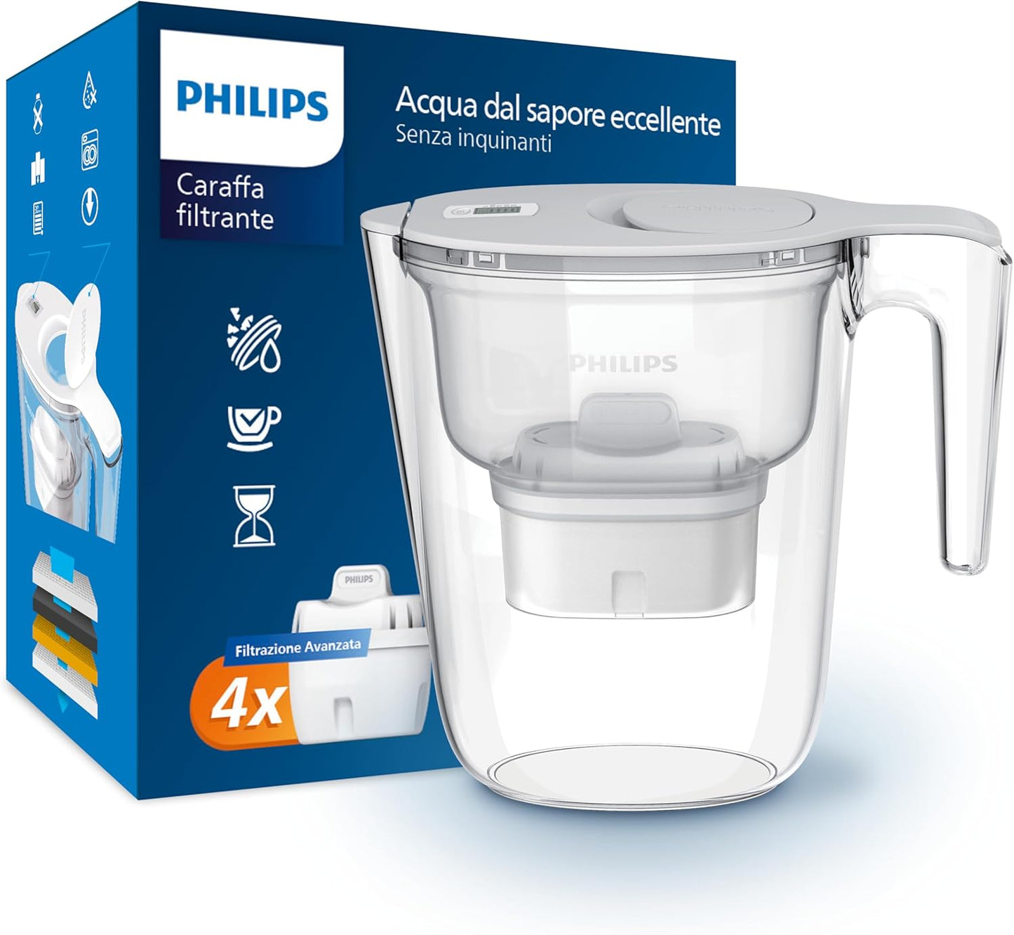 226684 - PHILIPS Ujë Filtër Uji +4 Shije, 2.6 L, rrjedhje e shpejtë, filtra për klorin, gurgurin, metale të rënda dhe mikroplastika