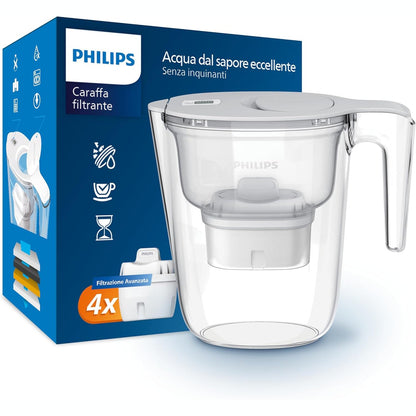 217588 - Philips Enë Filtri Uji + 4 Fishekë Filtri Zëvendësues, Filtrim i Avancuar, Rrjedhje e Shpejtë, Kohëmatës Elektronik, Filtra Klori, Gurguri, Metale të Rënda dhe Mikroplastika, e Bardhë, 2.6 Litra