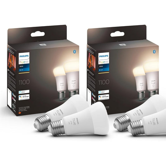 157147 - PHILIPS Hue - Seti i 4 Llambave LED Inteligjente të Bardha, Priza E27, 9.5W, Dritë e Bardhë me Errësim, Kontrollueshme Nga Bluetooth dhe Aplikacioni Hue, Pajtueshme me Alexa, Google Assistant dhe Apple HomeKit