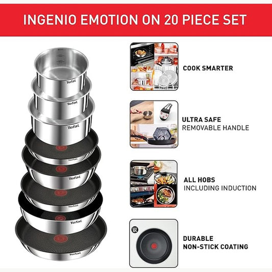 195019 – TEFAL Ingenio set gatimi me 10 pjesë: tiganë, tenxhere dhe 1 doreze të lëvizshme. I përshtatshëm për induksion, me shtresë jo ngjitëse, i vendosshëm njëra mbi tjetrën dhe i sigurt në lavastovilje. Emotion L897SK04.