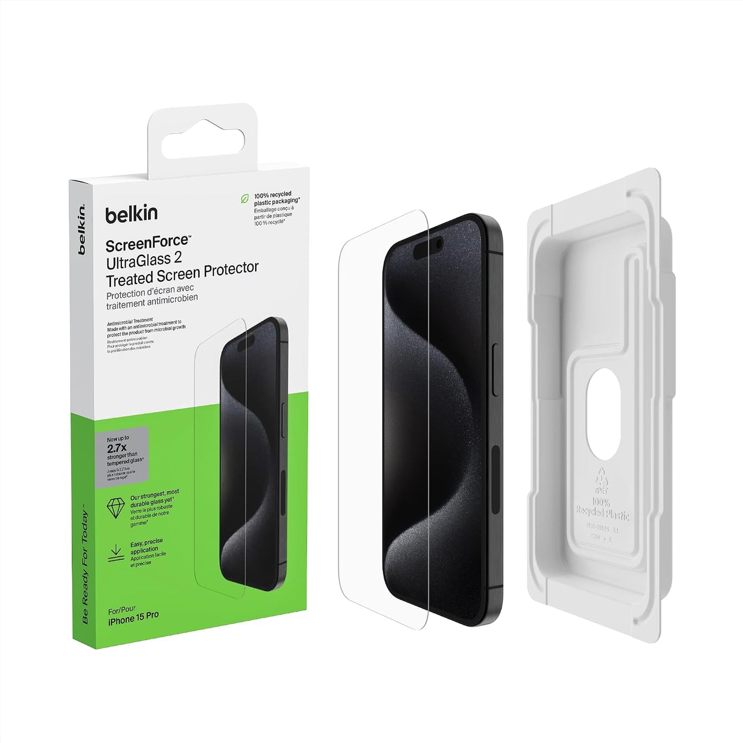266704 - BELKIN Mbrojtës ekrani antimikrobik prej qelqi të temperuar ScreenForce për iPhone 15 Pro, i hollë, kristalor, rezistent ndaj gërvishtjeve, kornizë e shtrirjes për aplikim pa flluska, pako me 2 pjesë