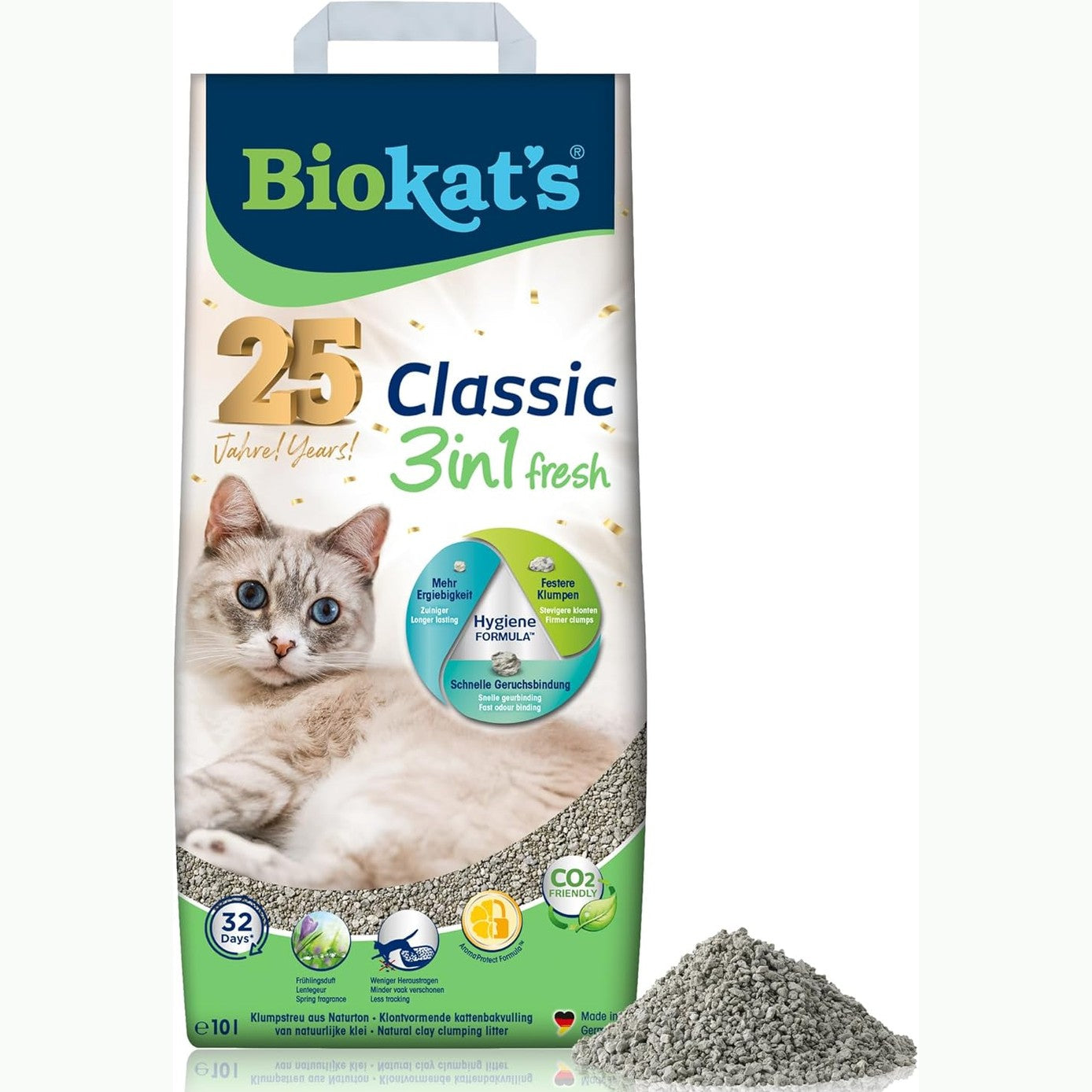 229361 - Biokat's Classic Fresh 3in1 është një mbeturinë për macet që formon kokrriza, e bërë nga argjila natyrale.
