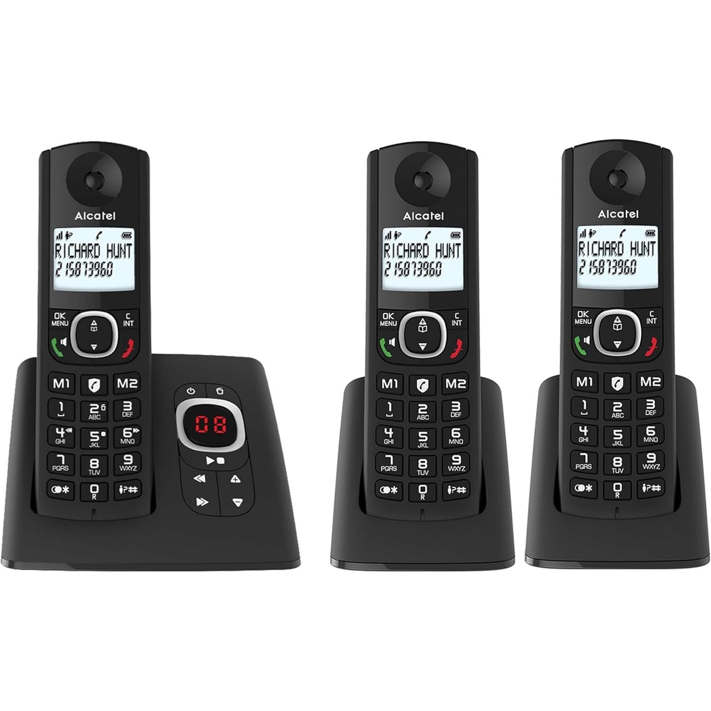 273033 - ALCATEL F530 VOICE TRIO - TELEFON PA TEL DECT ME SEKRETARINË TELEFONIKE - EKRAN I MADH ME NDRICIM NGA PRAPA - ALTOPARLANT - FUNKSION BLLOKIMI THIRRJESH - 2 TASTE THIRRJEE TË SHPEJTA - 3 APARATE - I ZI