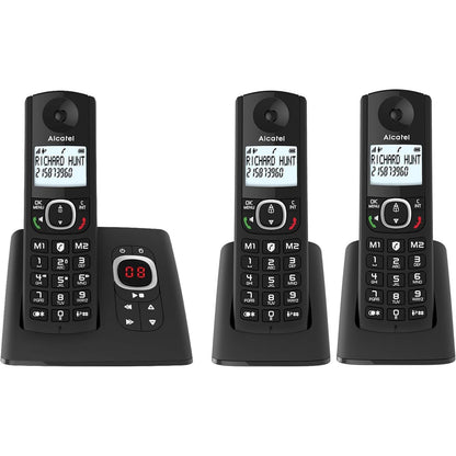 273033 - ALCATEL F530 VOICE TRIO - TELEFON PA TEL DECT ME SEKRETARINË TELEFONIKE - EKRAN I MADH ME NDRICIM NGA PRAPA - ALTOPARLANT - FUNKSION BLLOKIMI THIRRJESH - 2 TASTE THIRRJEE TË SHPEJTA - 3 APARATE - I ZI