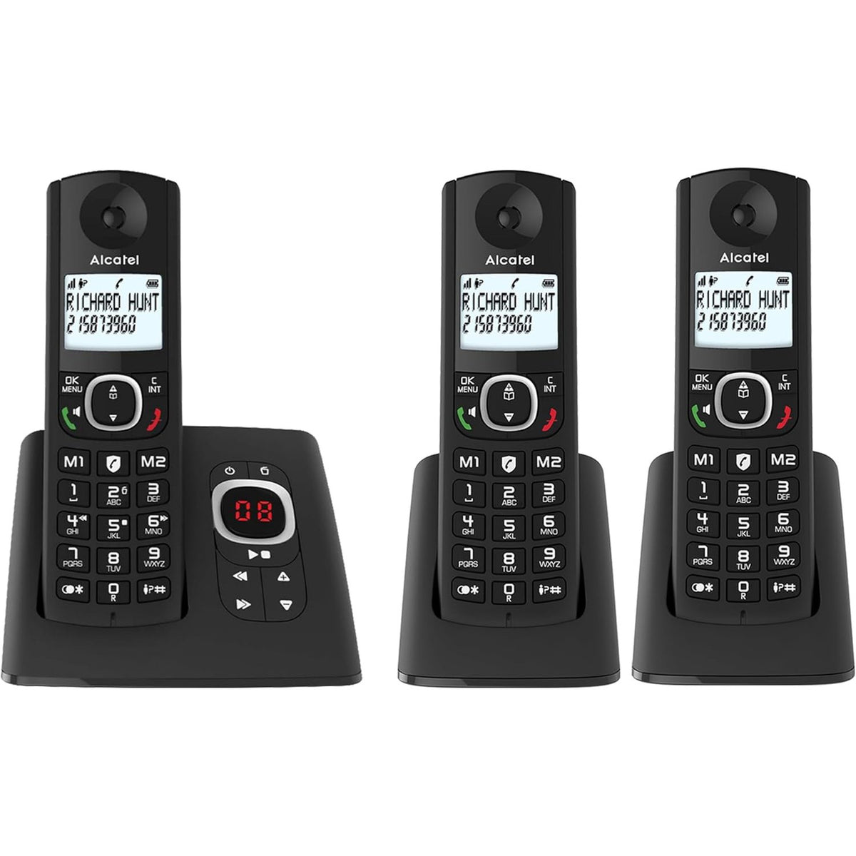 309609 - ALCATEL F530 Voice Trio - Telefon pa tel DECT me sekretarinë telefonike, ekran i madh me ndriçim nga prapa, altoparlant, funksion bllokimi thirrjesh, 2 taste thirrjeje të shpejta, 3 aparate, i zi