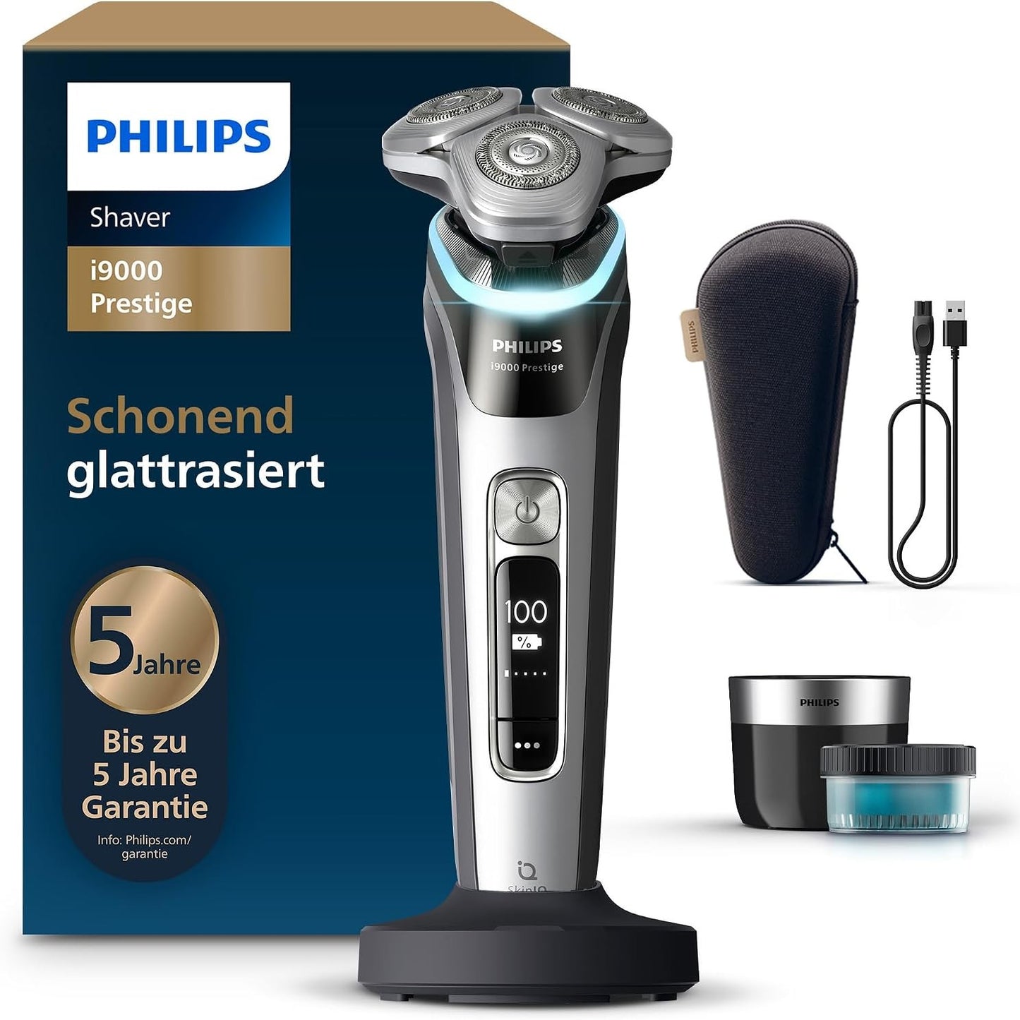 292032 - PHILIPS i9000 Prestige, Makinë rroje elektrike për burra, Prerës mjekre të lagur dhe të thatë, Teknologji SkinIQ, Bazë karikimi, E rikarikueshme, Çantë udhëtimi, Qendër pastrimi, Modeli XP9205/30