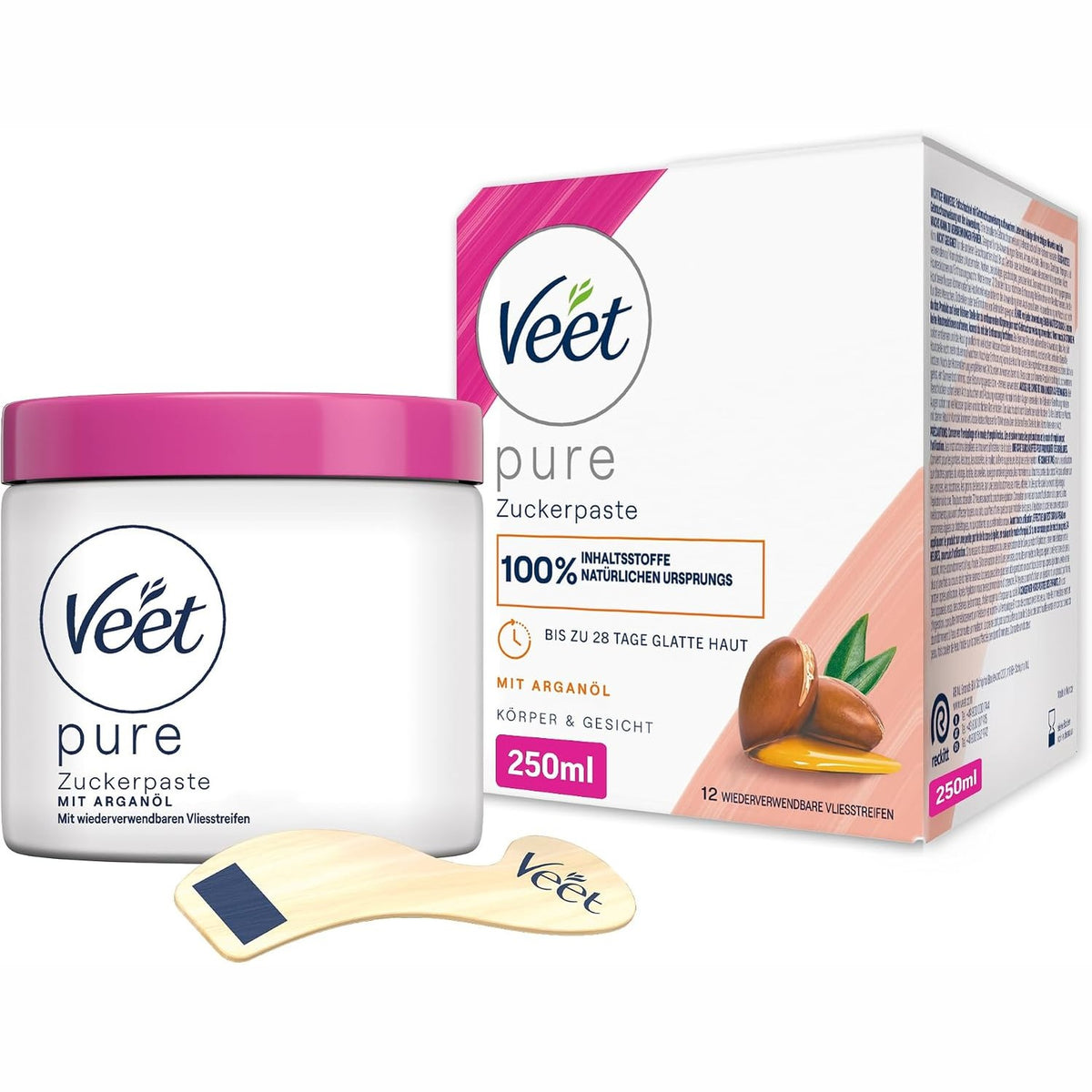 308274 - VEET PASTË SHEQERI PURE ME VAJ ARGANI, 1 x 250 ml, për heqjen e qimeve në trup dhe fytyrë, përfshirë shpatull druri dhe shirita pëlhure