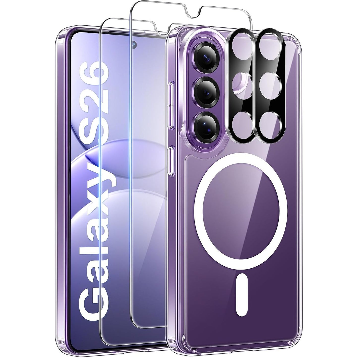 269469 - ivencase Mbulesë magnetike për Samsung Galaxy S26 5G, 2 mbrojtëse ekrani prej qelqi të temperuar, 2 mbrojtëse kamerash, e pajtueshme me MagSafe, 6.3"