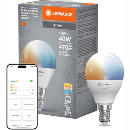 210986 - LEDVANCE Llampa LED Smart me Teknologji WiFi, Bazë E14, Ngjyra e Dritës e Rregullueshme (2700-6500K), Zëvendëson Llambat Inkandeshente 40W, E Bardhë, Pako prej 1