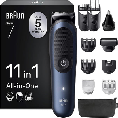 300365 - BRAUN Makinë prerëse Series 7 AIO7540, Kit 11-në-1, 120 minuta përdorim pa tel, mbrojtje SkinGuard, blu