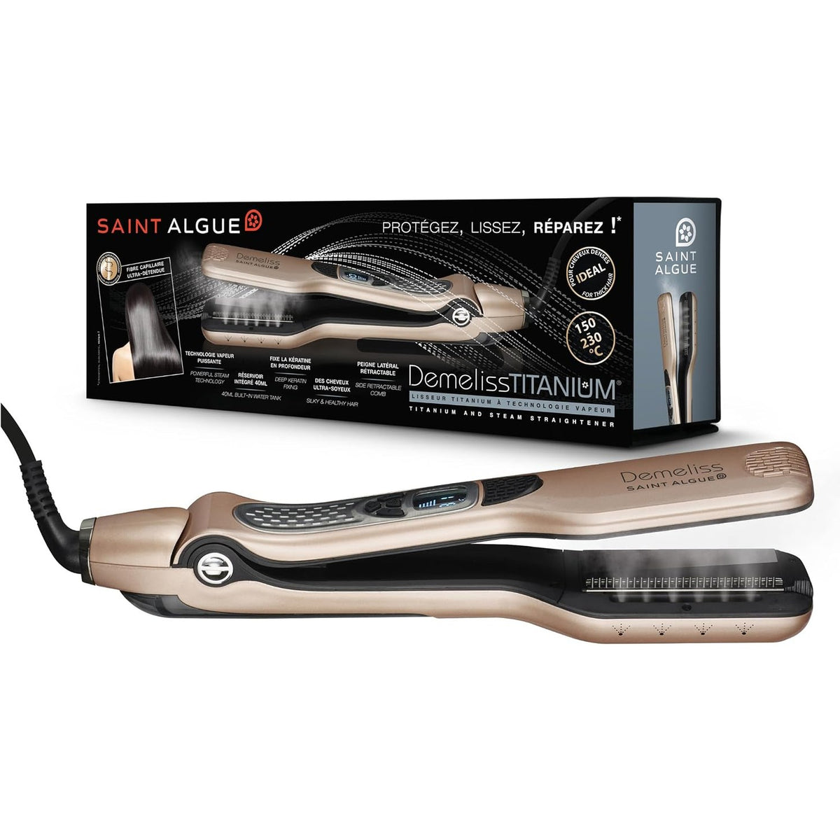 300378 - DEMELISS Drejtues flokësh me avull SAINT ALGUE Titanium, pllaka titaniumi, avull ultra i fuqishëm, depozitë uji XL 40ml e integruar, krehër i lëvizshëm, 5 cilësime temperature, profesional