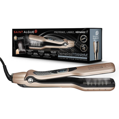 300378 - DEMELISS Drejtues flokësh me avull SAINT ALGUE Titanium, pllaka titaniumi, avull ultra i fuqishëm, depozitë uji XL 40ml e integruar, krehër i lëvizshëm, 5 cilësime temperature, profesional