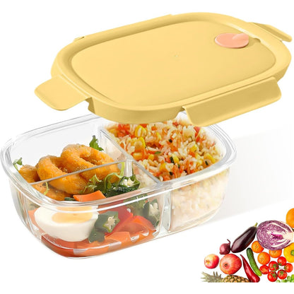 198626 - DINHAUYON - Kutia Bento me 3 Ndarje, Përshtatshme për Mikrovalë dhe Furrë, Materiali: Qelqi, Kapaciteti: 900ml, e Lavanë në Lavatriçe, E Përshtatshme për Zyrë dhe Shkollë