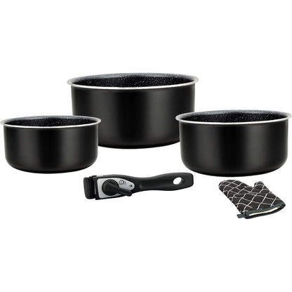 226825 - HERZBERG Set enësh gatimi me induksion, 5 pjesë, alumini i farkëtuar, veshje mermeri, dorezë e shkëputshme, e zezë