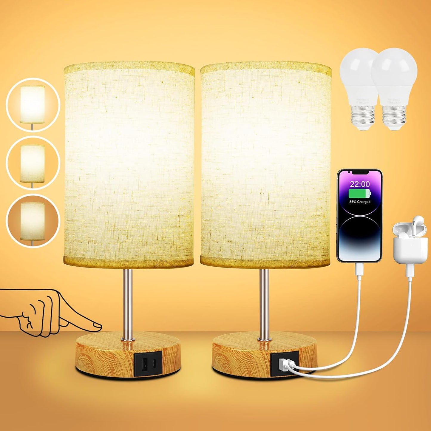 183714 - Set LLAMBASH NATE SURIGHT TOUCH me 2 Porta Karikimi USB-A + USB-C, Errësim në 3 Drejtime, Perde prej Liri, Llambë të Vogla Tavoline për Dhomë Gjumi, Dhomë Ndenjeje, Hotel (Përfshihet Llamba)