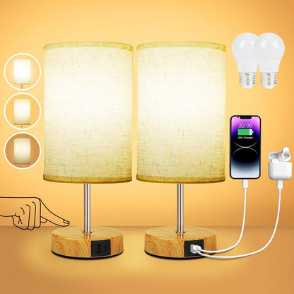 183714 - Set LLAMBASH NATE SURIGHT TOUCH me 2 Porta Karikimi USB-A + USB-C, Errësim në 3 Drejtime, Perde prej Liri, Llambë të Vogla Tavoline për Dhomë Gjumi, Dhomë Ndenjeje, Hotel (Përfshihet Llamba)