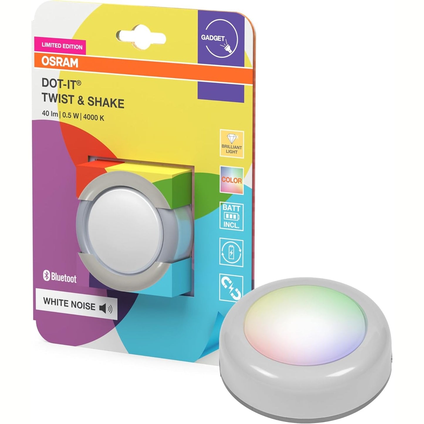 215476 - OSRAM SMART+ DOT-IT TWIST & SHAKE, dritë nate inteligjente mobile me 16 milionë ngjyra RGB, e kontrollueshme me PRESS & rrotullim ose APP