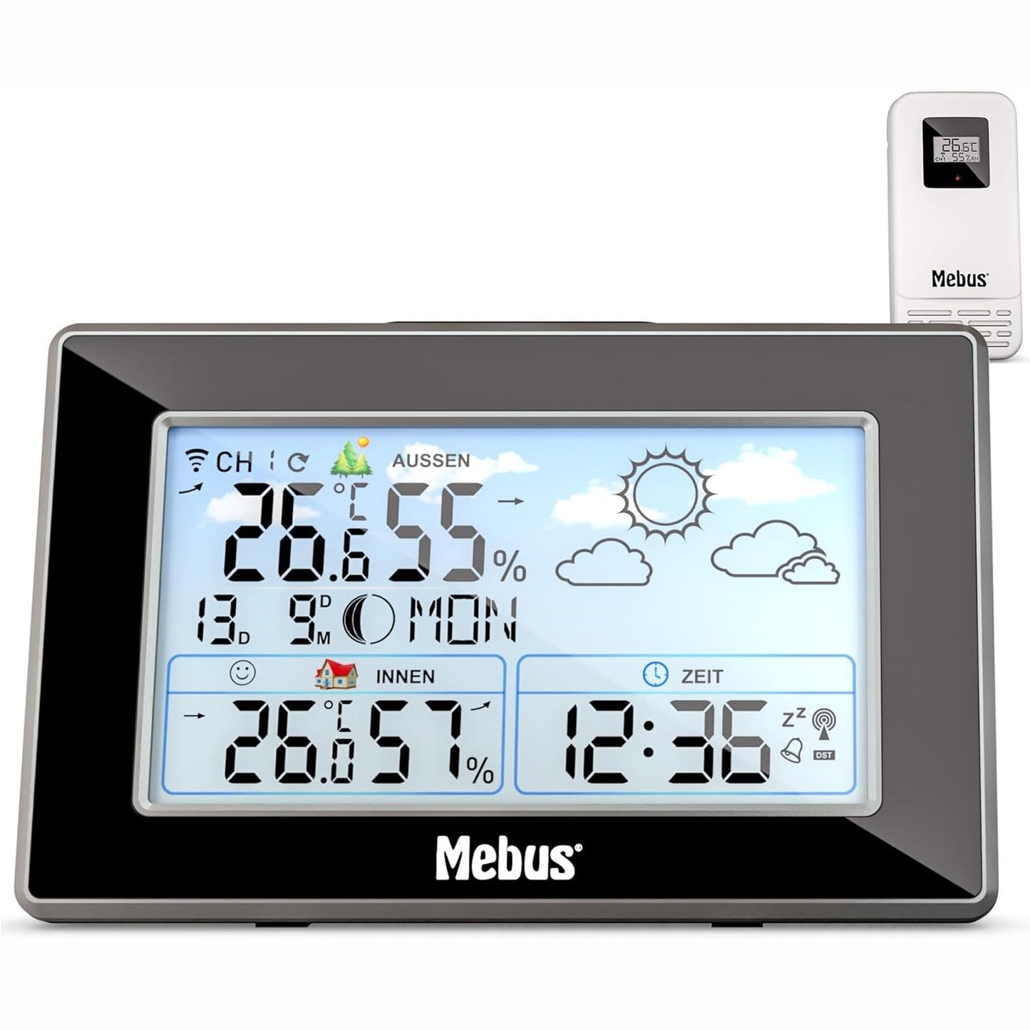 222798 - MEBUS Stacion meteorologjik me radiokontroll, sensor të jashtëm, termometër/higrometër, orë me radiokontroll, tregues të rehatisë, parashikim të motit, kalendar hënor