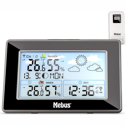 222798 - MEBUS Stacion meteorologjik me radiokontroll, sensor të jashtëm, termometër/higrometër, orë me radiokontroll, tregues të rehatisë, parashikim të motit, kalendar hënor
