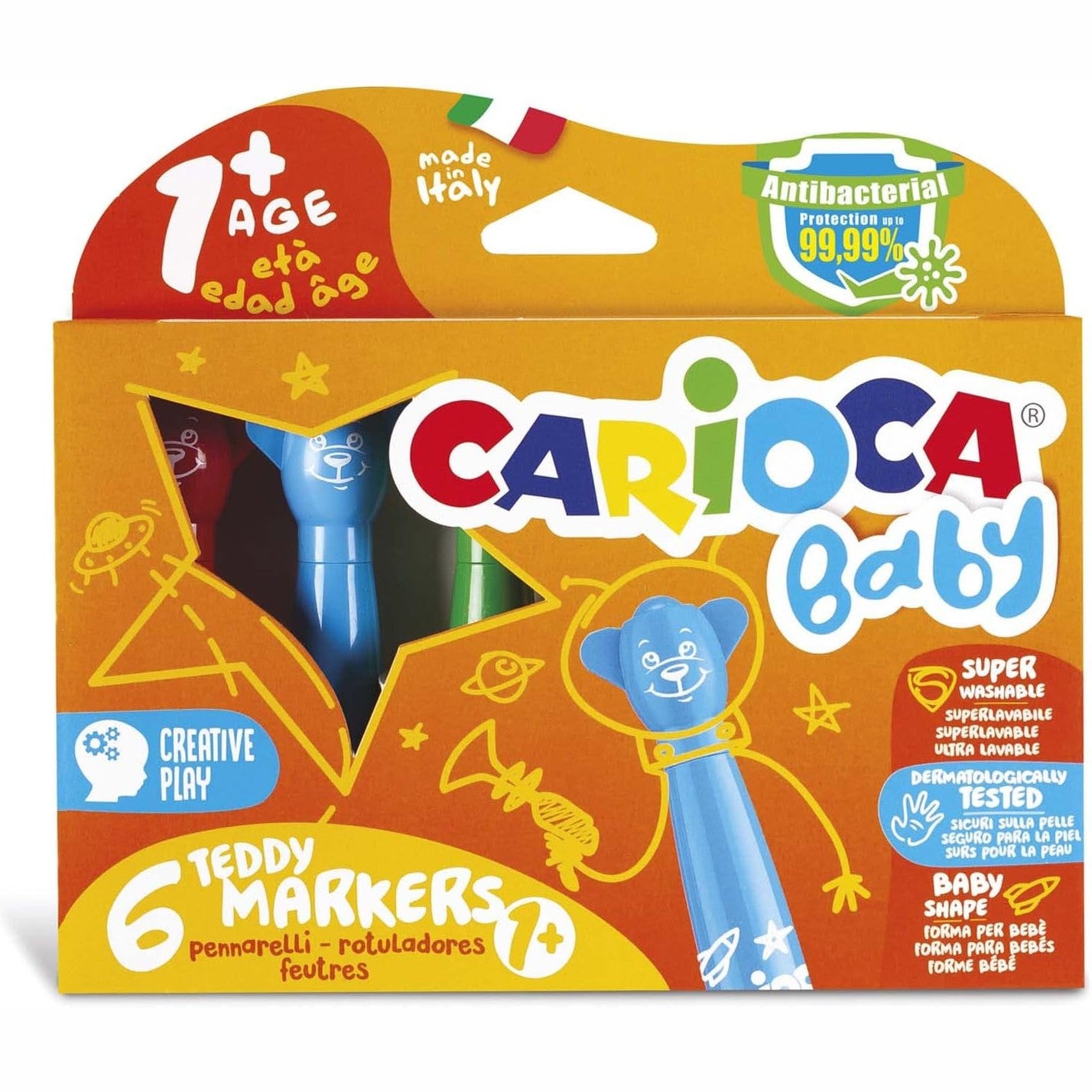 321883 - CARIOCA Shënues për Bebe Teddy 1+, Set me 6 copë, Ngjyra me Shënues Super të Larëshëm