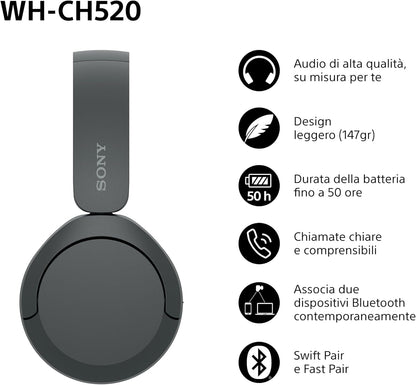 53236 - SONY Kufje WH-CH520 me Lidhje Bluetooth, Mikrofon, Bateri që zgjat deri në 50 Orë, Karikim të Shpejtë - Ngjyra e Zezë