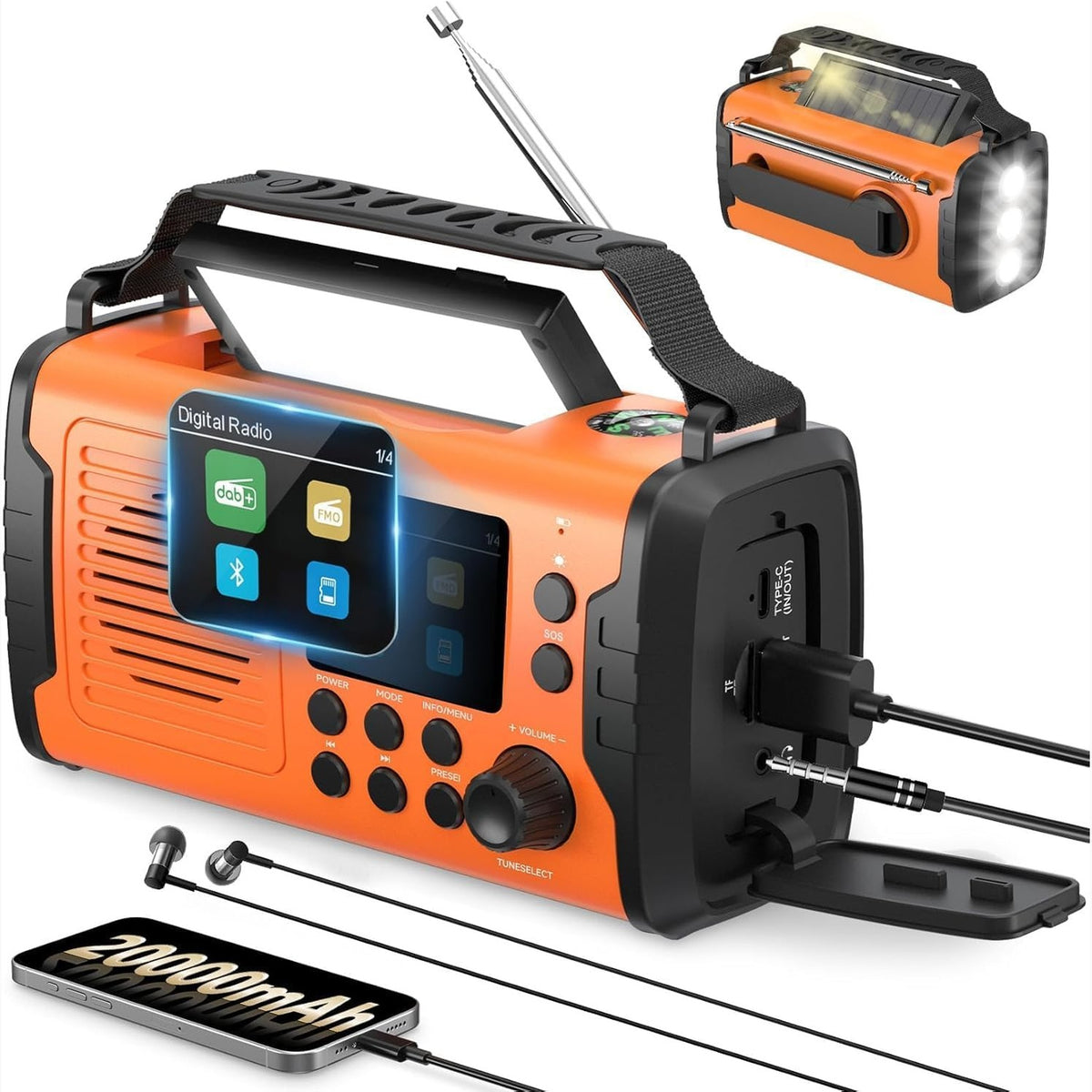 299362 - Radio Wind Up 20000mAh me Bluetooth, Radio me Energji Diellore DAB/FM dhe me Dorezë Dore, Fener dhe Dritë Leximi, Karikues Telefoni Celular me USB, Alarm SOS, Radio Portative Emergjence për Kamping dhe Përdorim në Ajër të Hapur