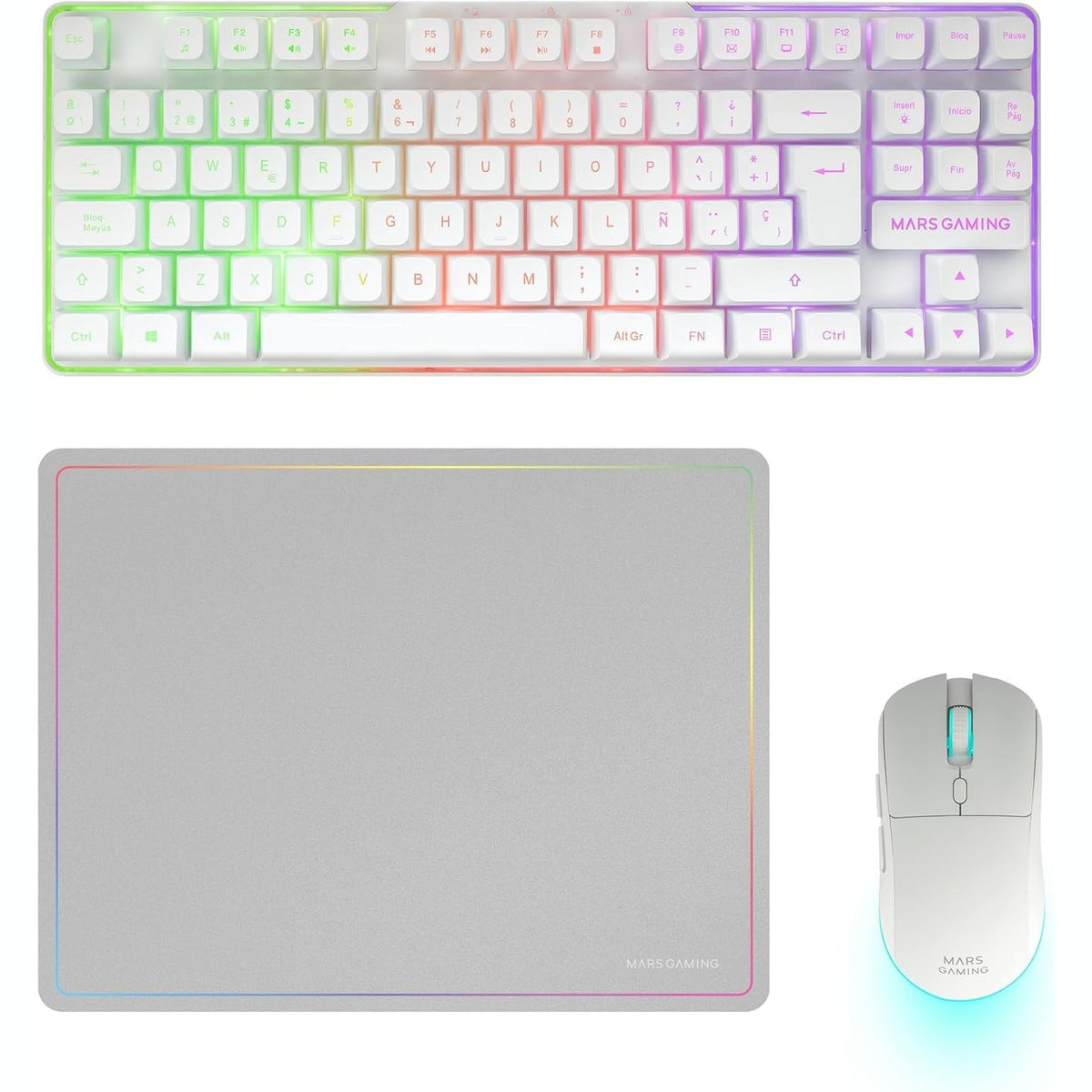 308893 - MARSGAMING MCPWTKL, Spanjisht, Kombinim Lojërash Pa Tel, Teknologji DualPro Link 2.4GPRO, Tastierë TKL FRGB Rainbow + Maus RGB 3200DPI me Çelësa HUANO + Maus Jastëk Anti-Rrëshqitës 360x260mm, i Bardhë