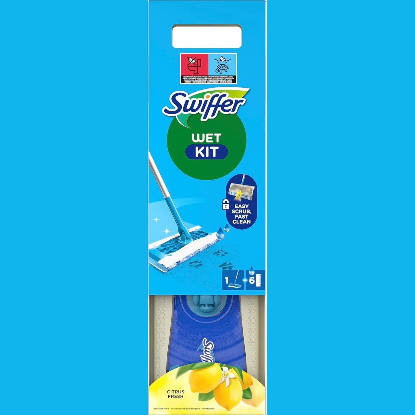 317785 - SWIFFER Set fillestar për mop të lagur për pastrimin e dyshemeve, përmban: 1 mop dyshemeje, 6 peceta të lagura