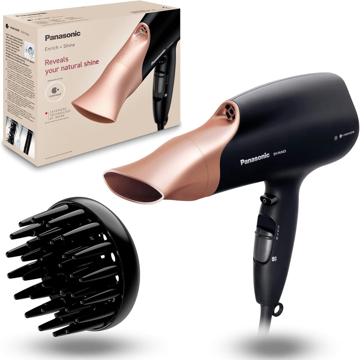 301683 - PANASONIC Tharëse flokësh EH-NA63 Nanoe, me difuzor, grykë stilimi, ventilator dhe cilësime temperature, fuqi 2000 W, dizajn ergonomik, ngjyrë rozë e artë
